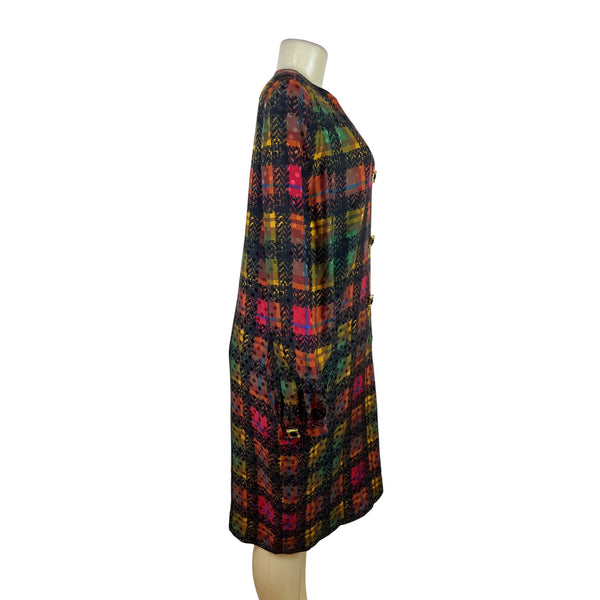 David Hayes Multicolor Plaid Women’s Long-Sleeve Satin Sheath Dress Sz 14