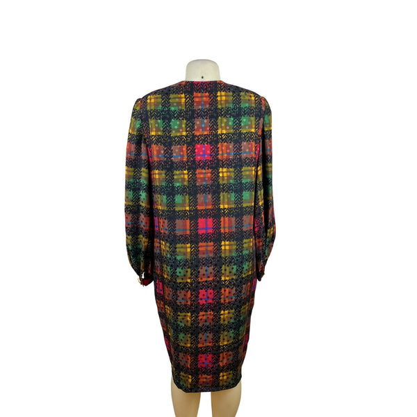 David Hayes Multicolor Plaid Women’s Long-Sleeve Satin Sheath Dress Sz 14