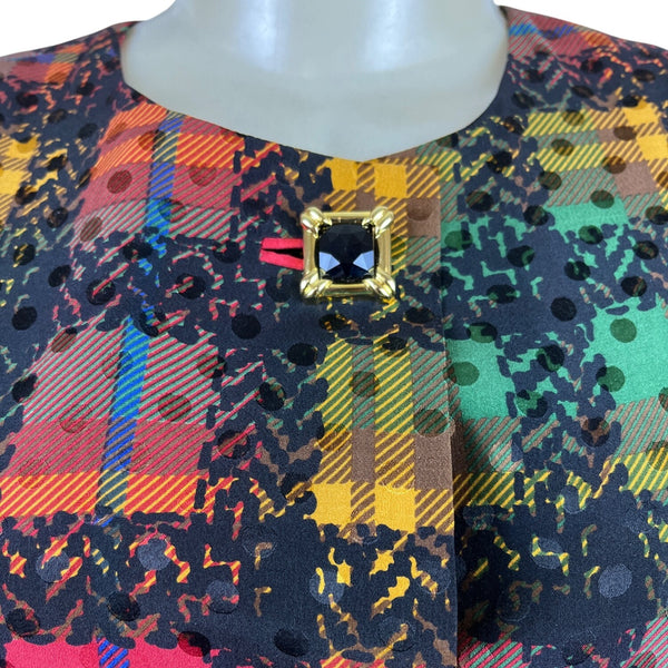 David Hayes Multicolor Plaid Women’s Long-Sleeve Satin Sheath Dress Sz 14