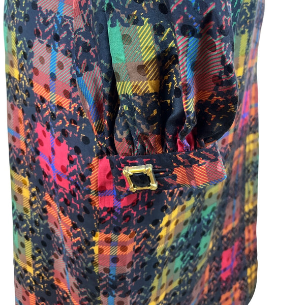 David Hayes Multicolor Plaid Women’s Long-Sleeve Satin Sheath Dress Sz 14