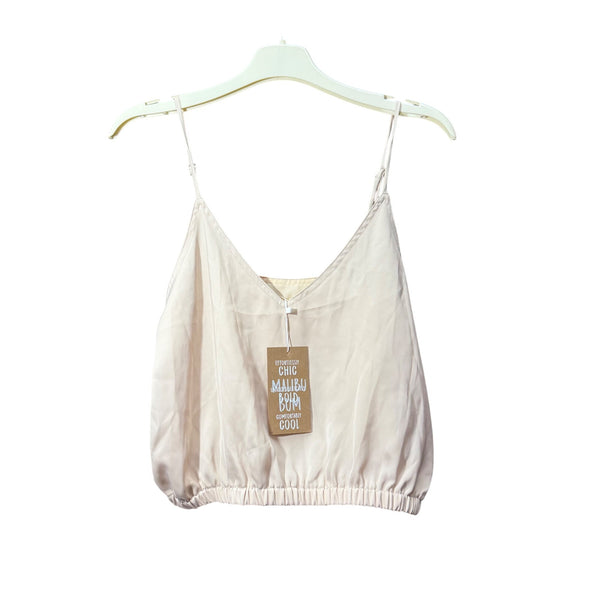 Malibu Bum Womens Beige Satin Camisole Adjustable Spaghetti Straps Elastic Hem Small