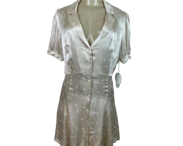 Sarah.J Womens Floral Button-Down Shirt Dress With Puff Sleeves Beige Sz L - New