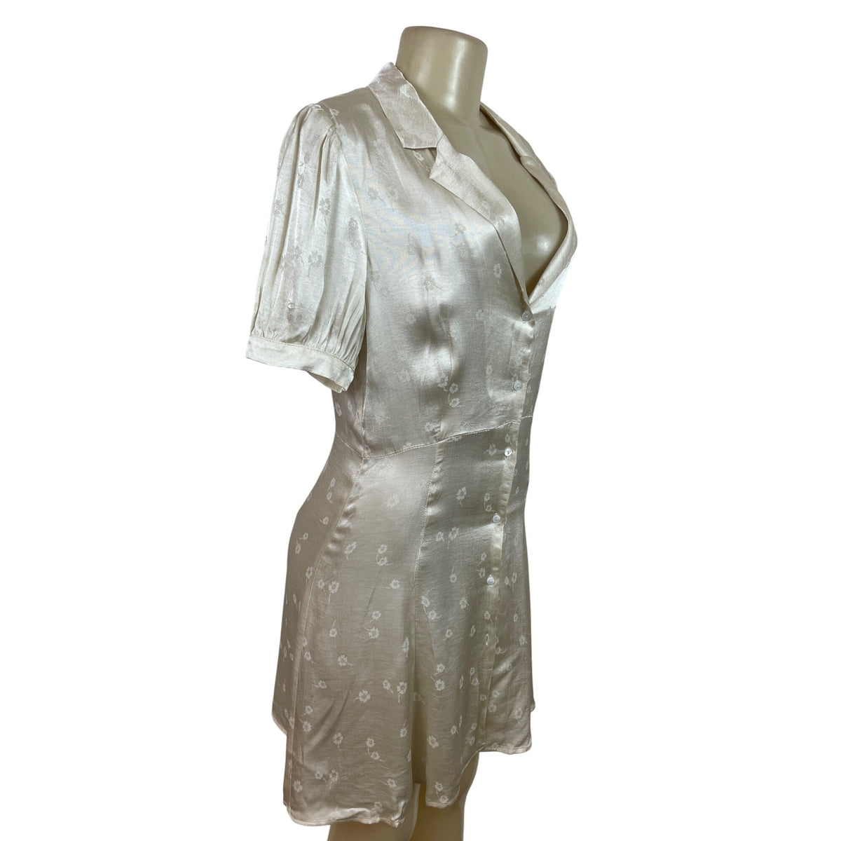 Sarah.J Womens Floral Button-Down Shirt Dress With Puff Sleeves Beige Sz L - New