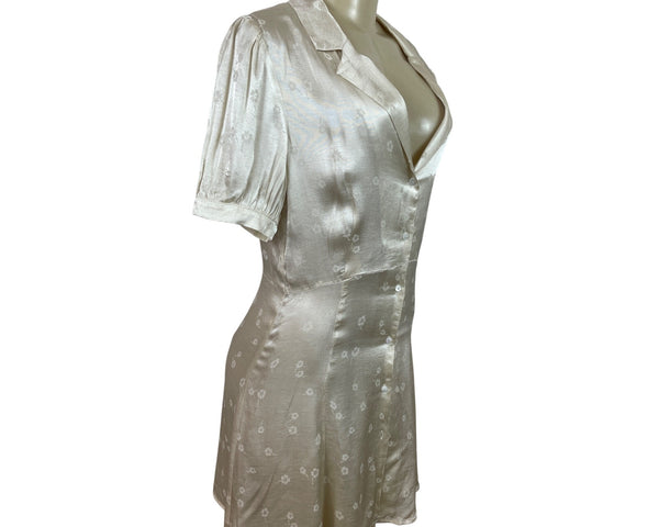 Sarah.J Womens Floral Button-Down Shirt Dress With Puff Sleeves Beige Sz L - New