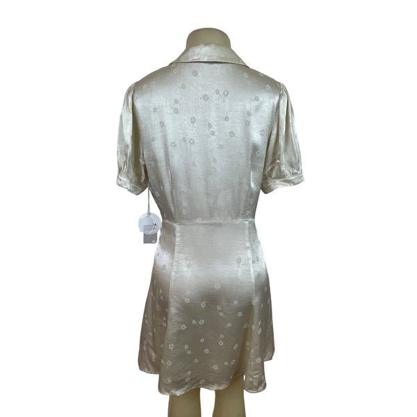Sarah.J Womens Floral Button-Down Shirt Dress With Puff Sleeves Beige Sz L - New