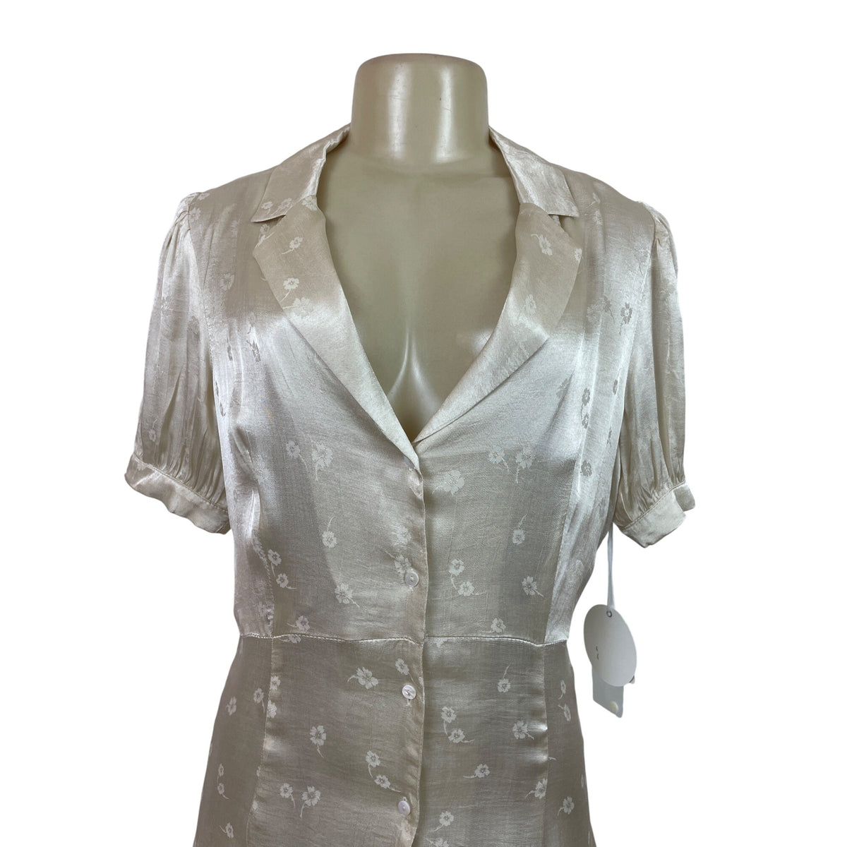 Sarah.J Womens Floral Button-Down Shirt Dress With Puff Sleeves Beige Sz L - New