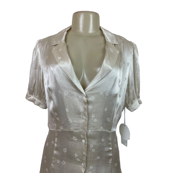 Sarah.J Womens Floral Button-Down Shirt Dress With Puff Sleeves Beige Sz L - New