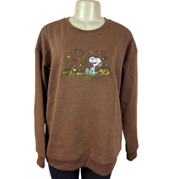 Snoopy Embroidered Brown Pullover Sweater Crewneck Soft Long Sleeve Womens