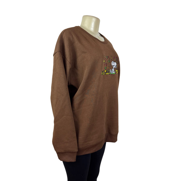 Snoopy Embroidered Brown Pullover Sweater Crewneck Soft Long Sleeve Womens