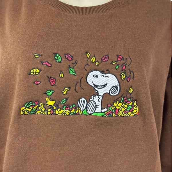 Snoopy Embroidered Brown Pullover Sweater Crewneck Soft Long Sleeve Womens