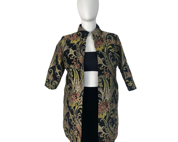 Floral Embroidered Open Jacket Womens Multicolor Brocade 3/4 Sleeve