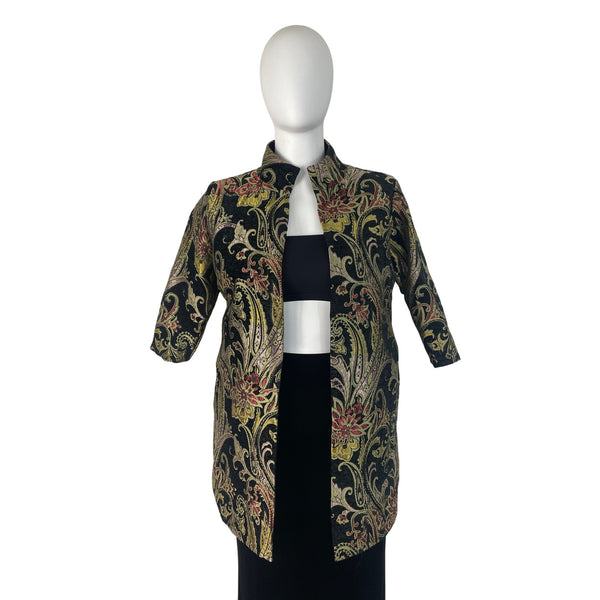 Floral Embroidered Open Jacket Womens Multicolor Brocade 3/4 Sleeve