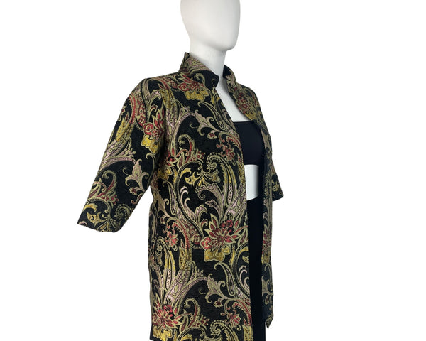 Floral Embroidered Open Jacket Womens Multicolor Brocade 3/4 Sleeve