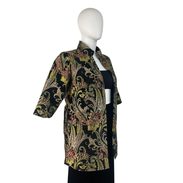 Floral Embroidered Open Jacket Womens Multicolor Brocade 3/4 Sleeve