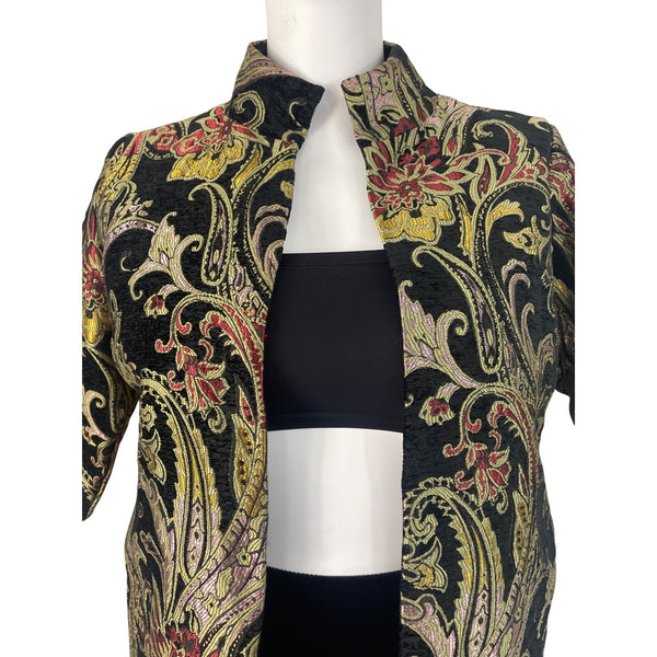 Floral Embroidered Open Jacket Womens Multicolor Brocade 3/4 Sleeve
