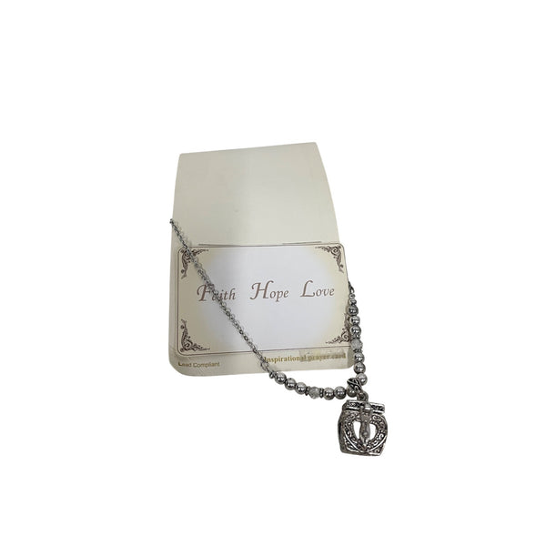 Faith Hope Love Silver-Plated Inspirational Prayer Necklace With Bead Chain & Cross Charm