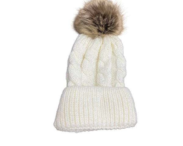 Cable Knit Beanie With Faux Fur Pom-Pom Winter Warm Hat Cream & Brown Adult Size