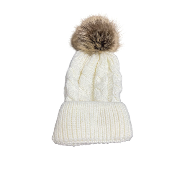 Cable Knit Beanie With Faux Fur Pom-Pom Winter Warm Hat Cream & Brown Adult Size