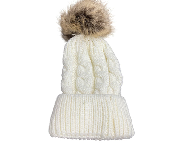 Cable Knit Beanie With Faux Fur Pom-Pom Winter Warm Hat Cream & Brown Adult Size