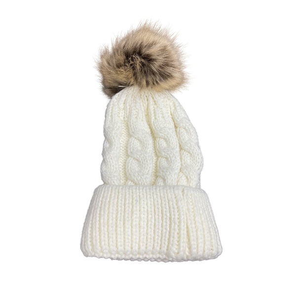 Cable Knit Beanie With Faux Fur Pom-Pom Winter Warm Hat Cream & Brown Adult Size
