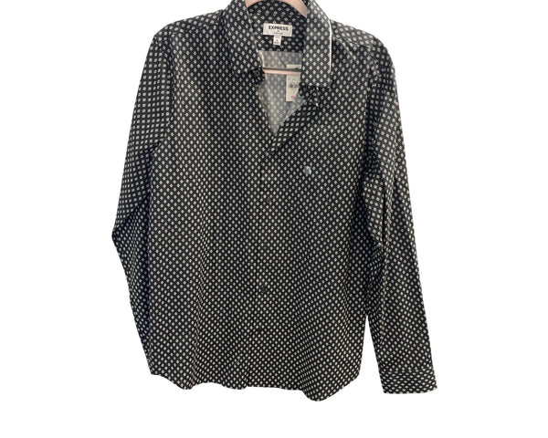 Express Mens Black & White Patterned Extra Slim Fit Shirt Size L