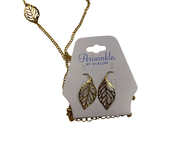 Gold Leaf Necklace & Earrings Set By Periwinkle