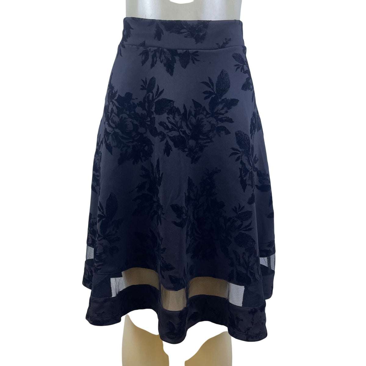 Faith And Joy Womens Black Floral A-Line Skirt  Knee Length Mesh Trim Size L