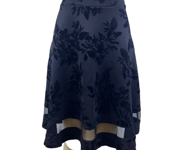 Faith And Joy Womens Black Floral A-Line Skirt  Knee Length Mesh Trim Size L