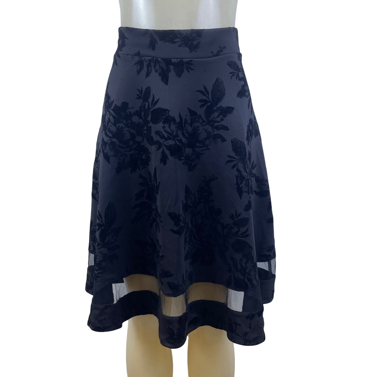 Faith And Joy Womens Black Floral A-Line Skirt  Knee Length Mesh Trim Size L