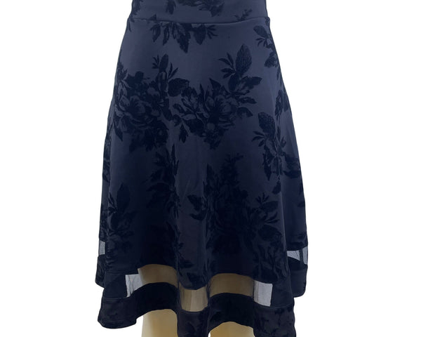 Faith And Joy Womens Black Floral A-Line Skirt  Knee Length Mesh Trim Size L
