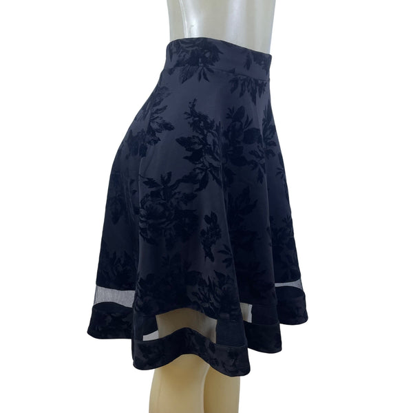 Faith And Joy Womens Black Floral A-Line Skirt  Knee Length Mesh Trim Size L