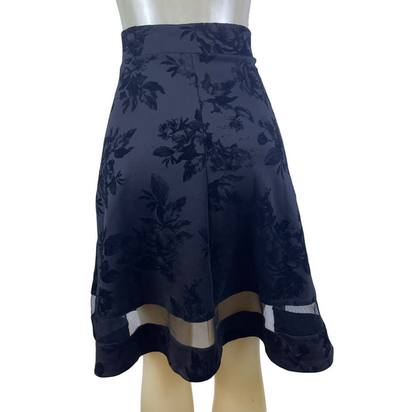 Faith And Joy Womens Black Floral A-Line Skirt  Knee Length Mesh Trim Size L