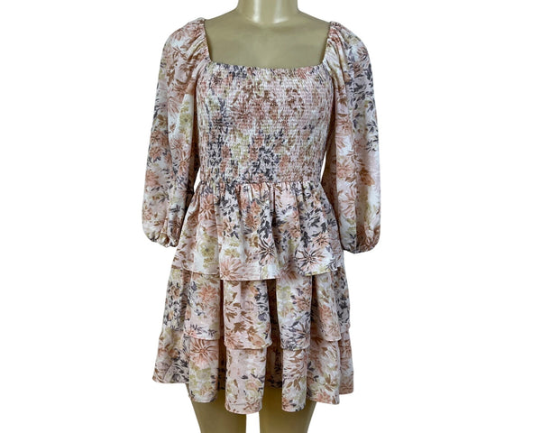 Entro Womens Pink Floral Smocked Tiered Mini Dress Size S