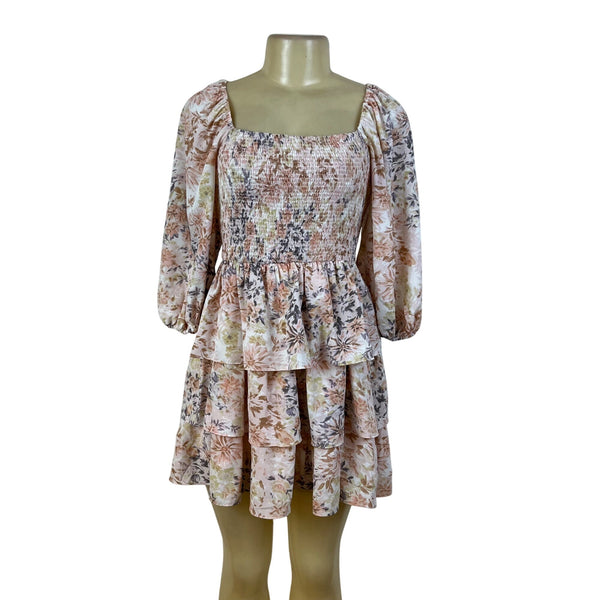 Entro Womens Pink Floral Smocked Tiered Mini Dress Size S