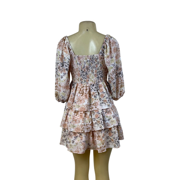 Entro Womens Pink Floral Smocked Tiered Mini Dress Size S
