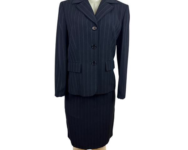 Kasper Classic Womens Pinstripe Black Skirt Suit Set Size 6p