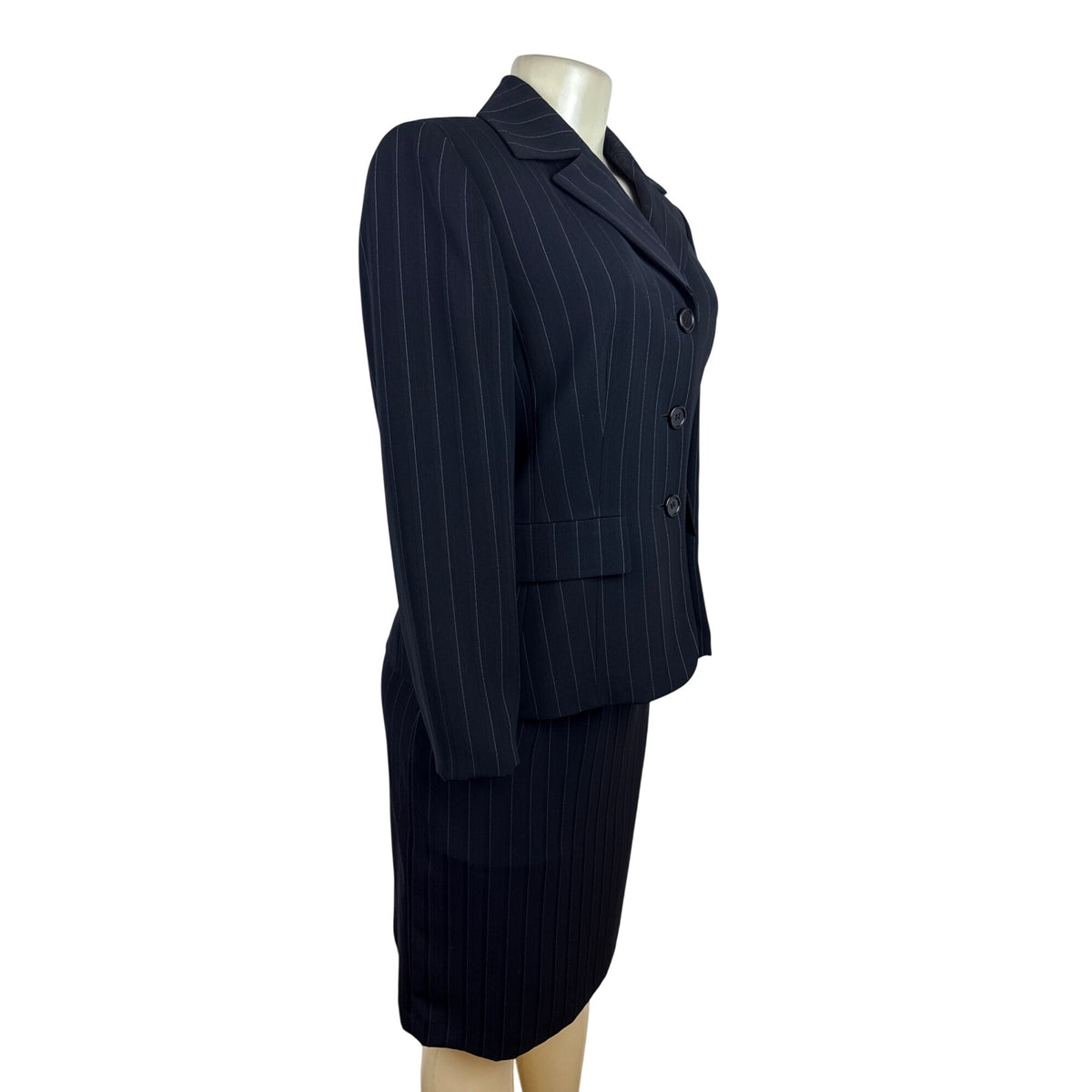Kasper Classic Womens Pinstripe Black Skirt Suit Set Size 6p