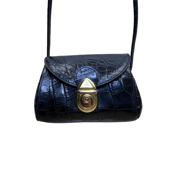 Lexiapel Womens Black Croc-Embossed Leather Gold Turn-Lock Closure Crossbody Bag