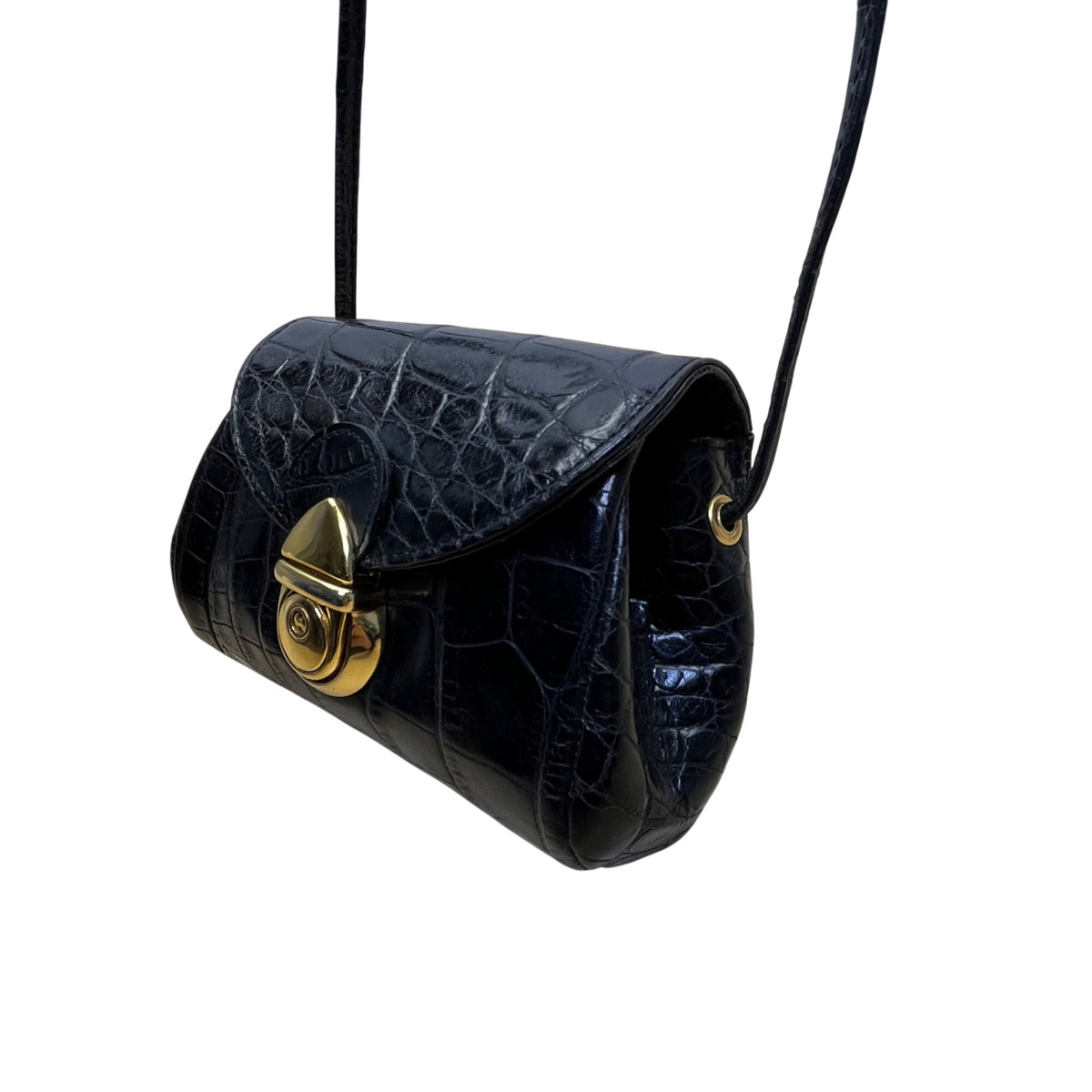 Lexiapel Womens Black Croc-Embossed Leather Gold Turn-Lock Closure Crossbody Bag