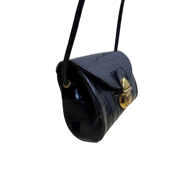 Lexiapel Womens Black Croc-Embossed Leather Gold Turn-Lock Closure Crossbody Bag