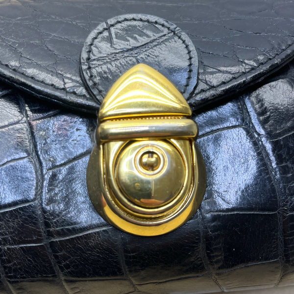 Lexiapel Womens Black Croc-Embossed Leather Gold Turn-Lock Closure Crossbody Bag