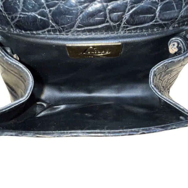 Lexiapel Womens Black Croc-Embossed Leather Gold Turn-Lock Closure Crossbody Bag