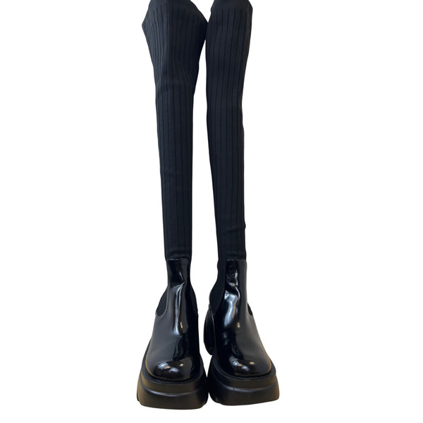 Tall Shaft Knee-High Boots Womens Black Platform Chunky Lug Sole Stretch Ribbed Knit