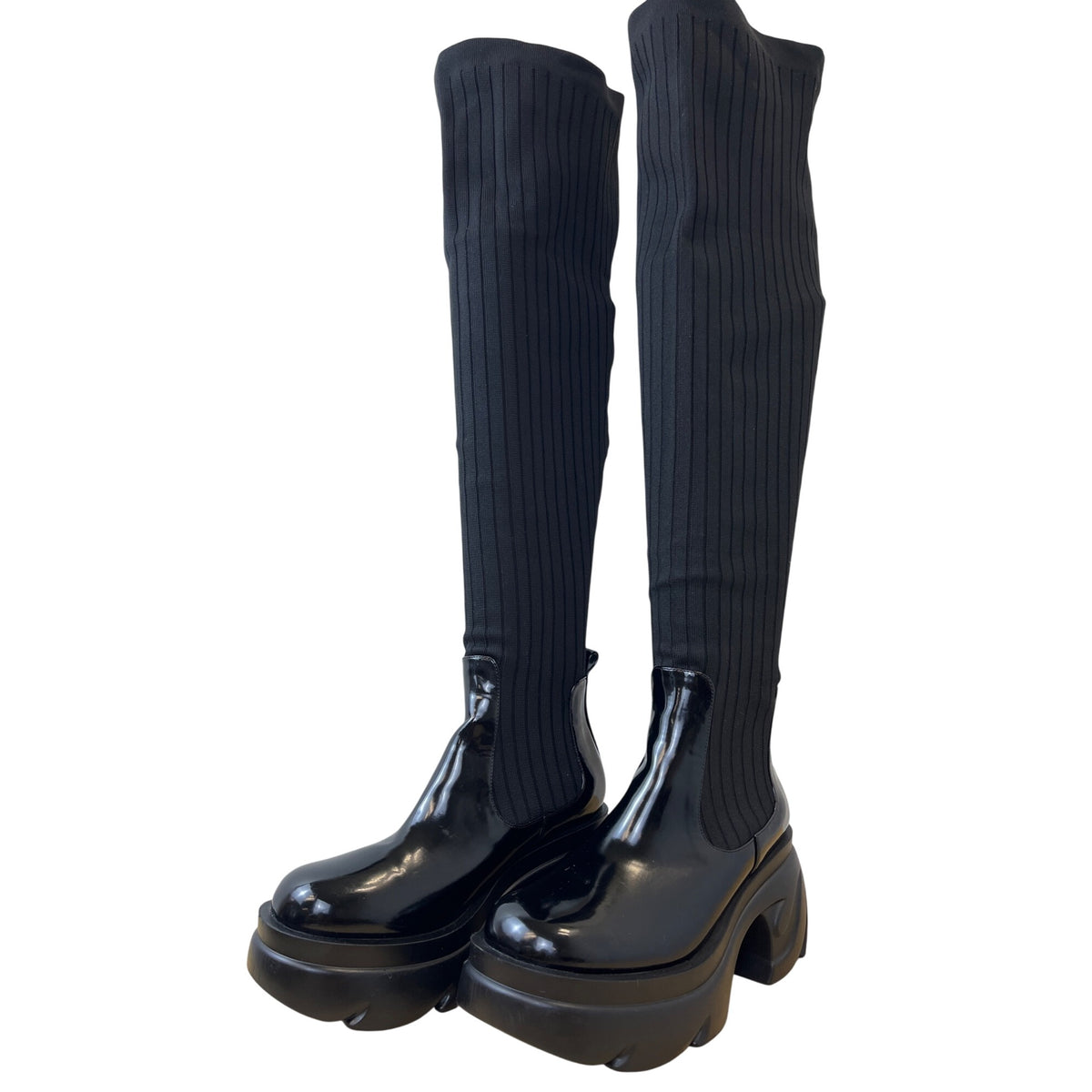 Tall Shaft Knee-High Boots Womens Black Platform Chunky Lug Sole Stretch Ribbed Knit