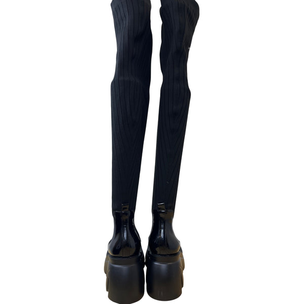 Tall Shaft Knee-High Boots Womens Black Platform Chunky Lug Sole Stretch Ribbed Knit