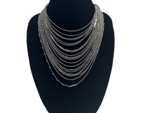 Women's Silver Tone Multi Layer Bib Chain Necklace - 17in