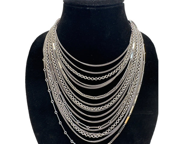 Women's Silver Tone Multi Layer Bib Chain Necklace - 17in