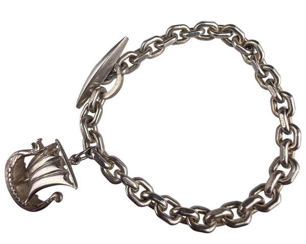 Sterling Silver Viking Ship Charm Bracelet Vintage 7 Inch Elegant Chain Toggle Clasp