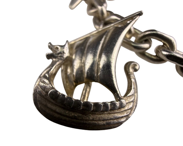 Sterling Silver Viking Ship Charm Bracelet Vintage 7 Inch Elegant Chain Toggle Clasp