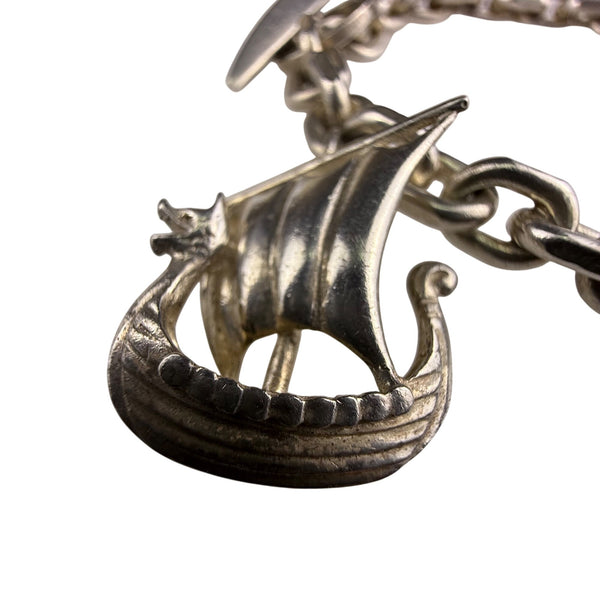 Sterling Silver Viking Ship Charm Bracelet Vintage 7 Inch Elegant Chain Toggle Clasp